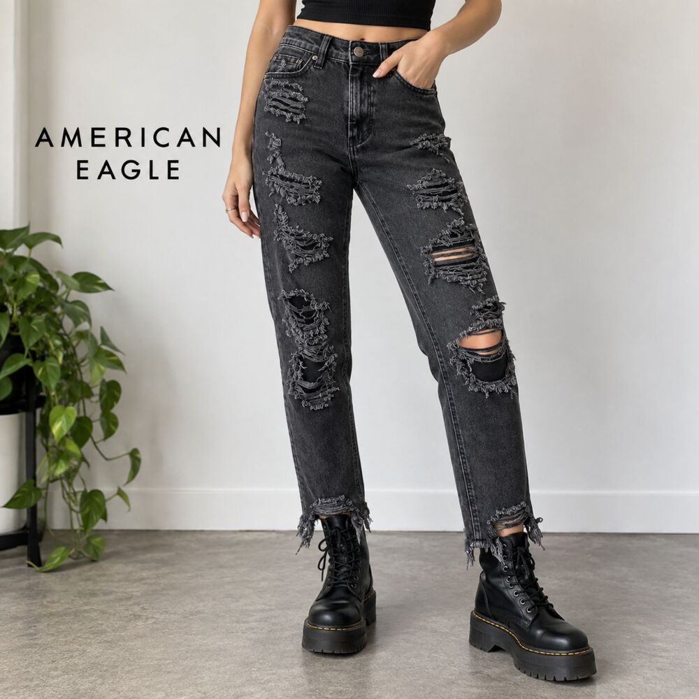 American Eagle Strigid Mom Jeans 00 Black Ripped High Rise Distressed Grunge